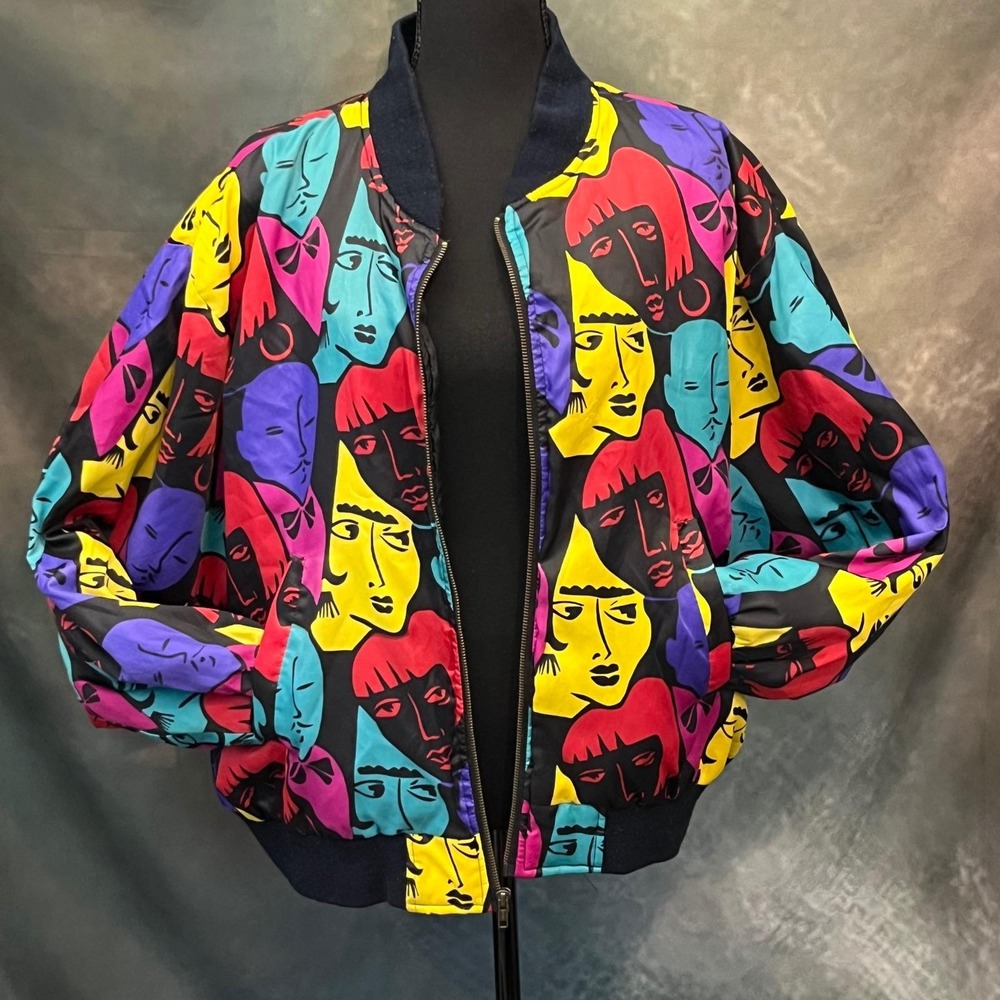 Braetan Vintage Bomber Jacket Abstract Faces Black Multi Color Zip Up Size Large